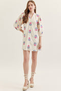Ecru Embroidered 3/4 Puff Sleeve Mini
