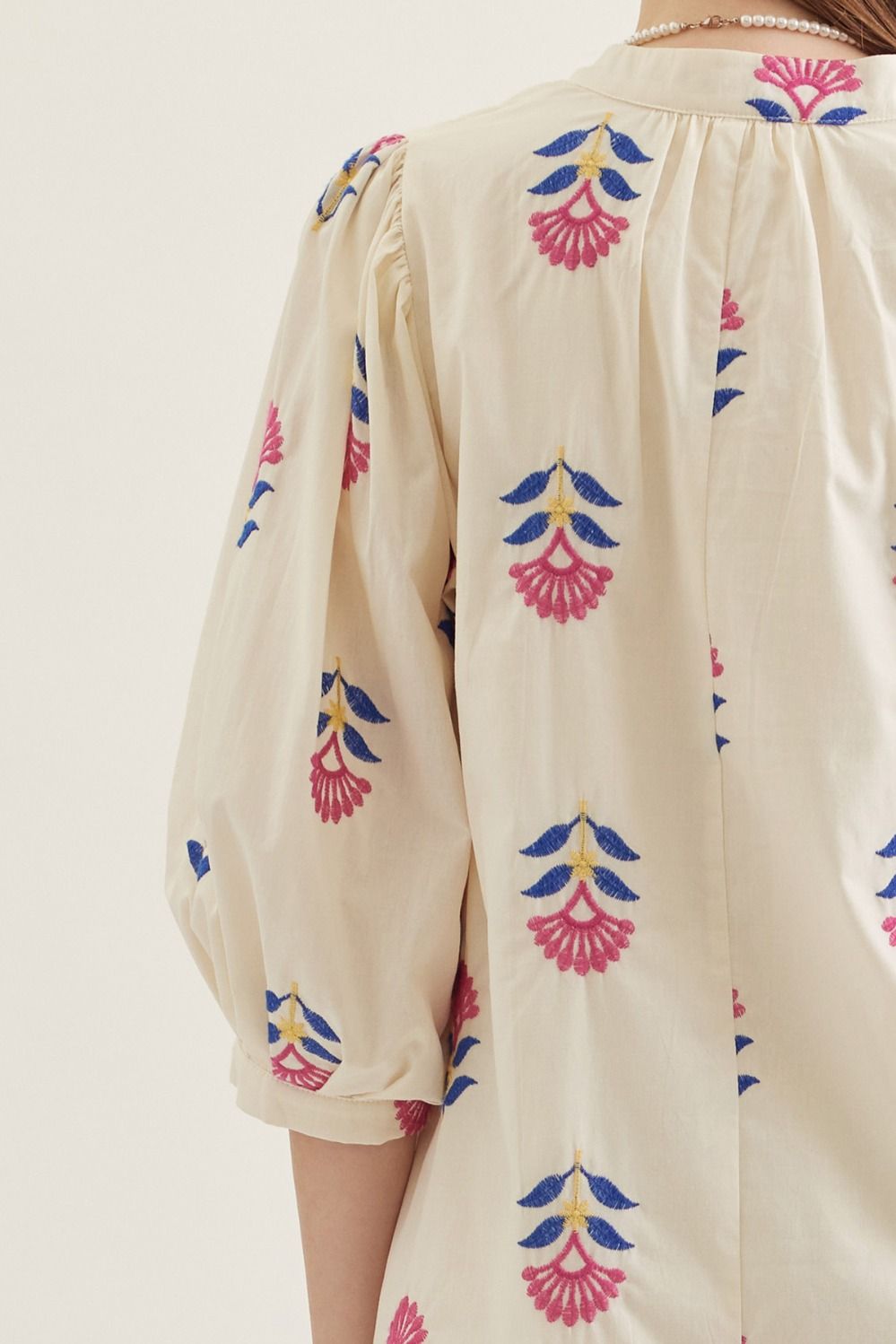 Ecru Embroidered 3/4 Puff Sleeve Mini