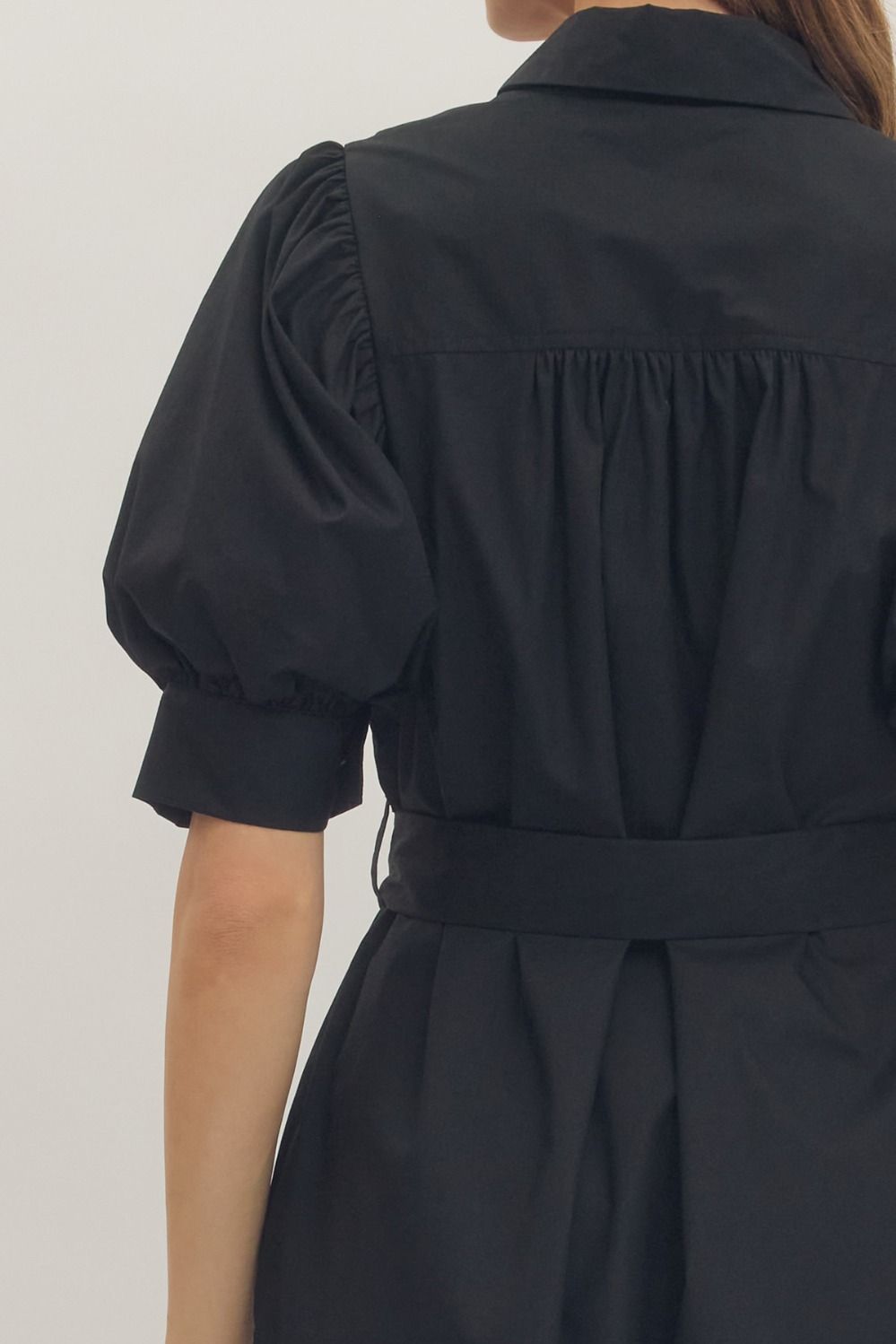 Black Solid Puff Sleeve Midi Featuring Shirt Collar
