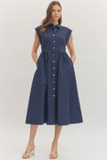 Navy Cap Sleeve Midi with Gathered Waist