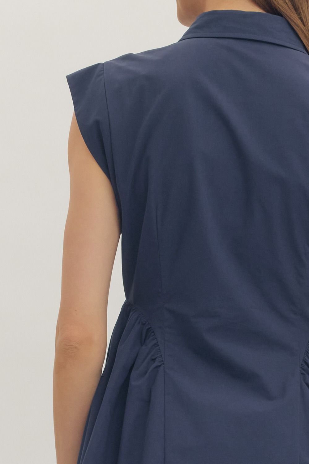 Navy Cap Sleeve Midi with Gathered Waist
