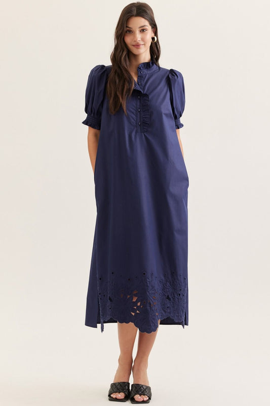 Solid Short Puff Sleeve Midi with Embroidered Scallop Hem