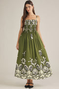 Olive Pleated Floral Print Maxi Dress