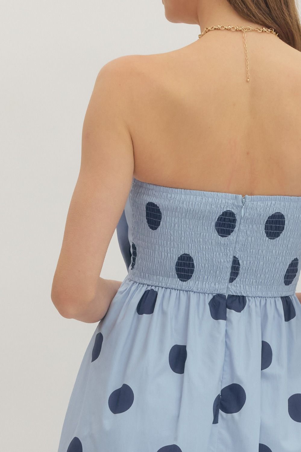 Polka Dot Pleated Strapless Midi
