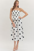 Off White Polka Dot Pleated Strapless Midi