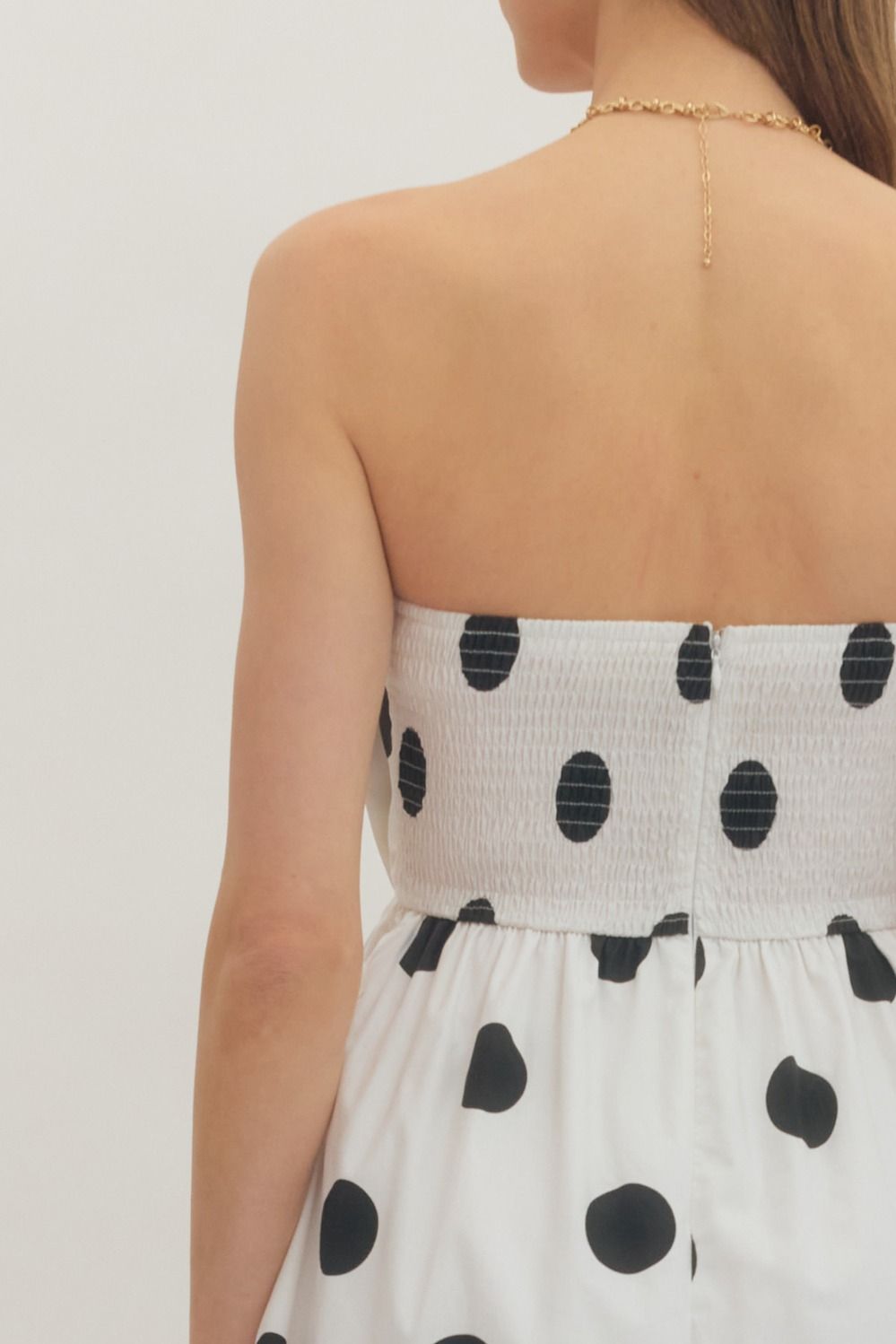 Off White Polka Dot Pleated Strapless Midi