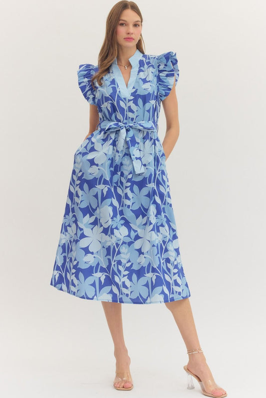 Ocean Blue Botanical Print Midi