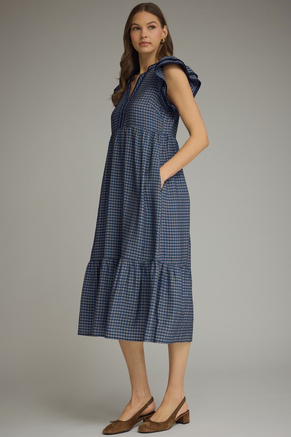 Gingham Flutter Sleeve Midi Dress