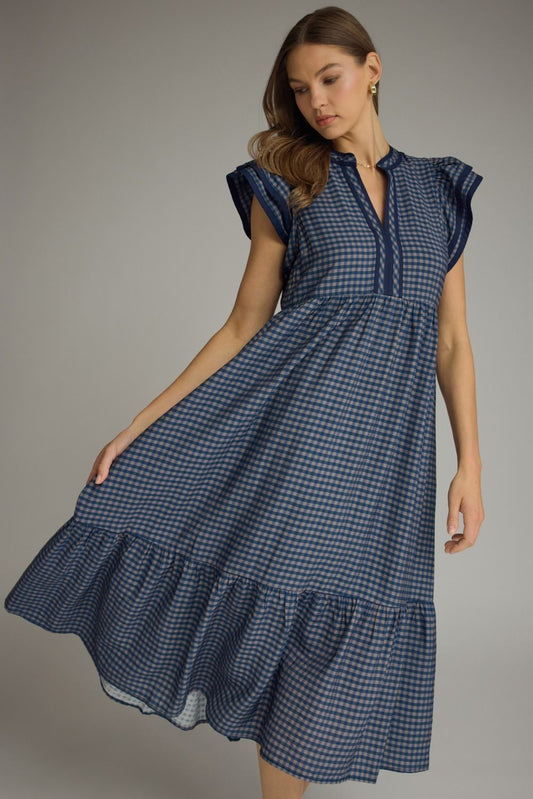 Gingham Flutter Sleeve Midi Dress
