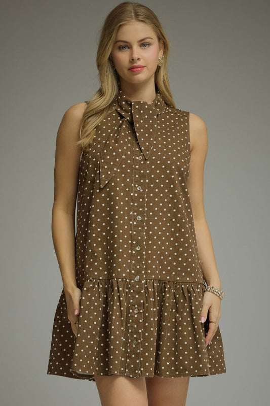 Brown Sleeveless Polka Dot Mini Dress