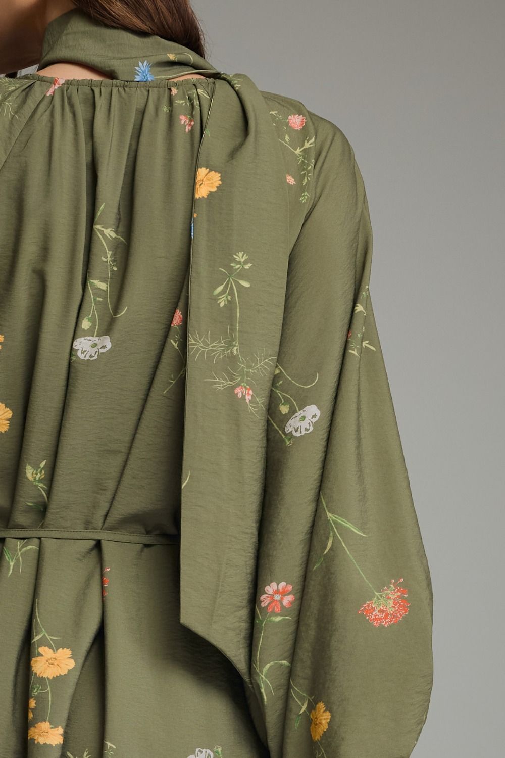 Olive Floral Print Mini with Scarf Neck Detail