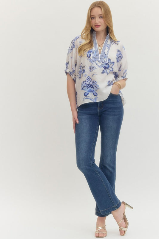 Floral Print Dolman Top with Stripe Band Collar