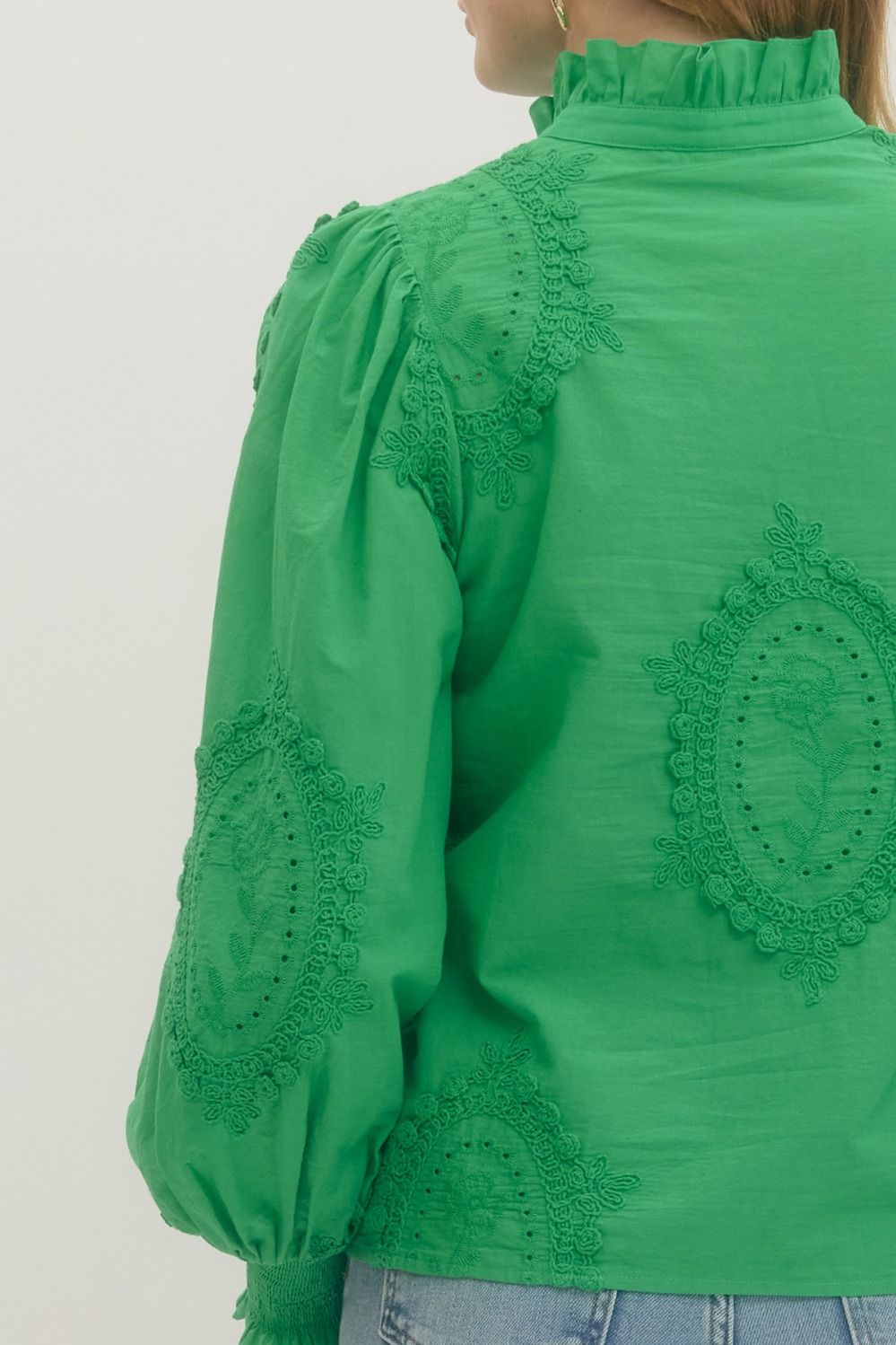 Embroiderd Long Sleeve Top with Eyelet Detail