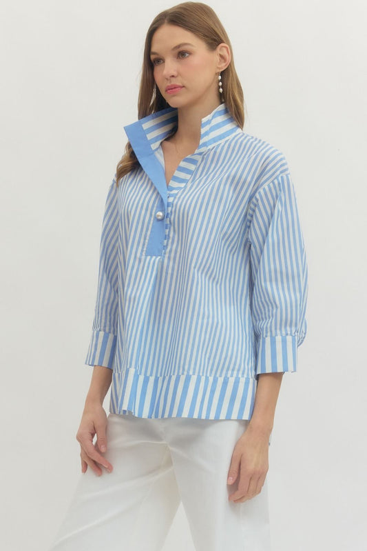 Blue Stripe 3/4 Sleeve Collard Top