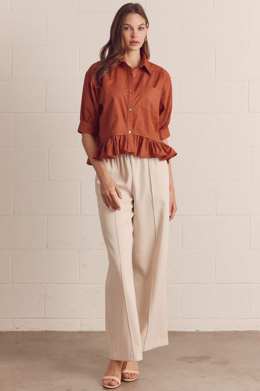 Solid Short Sleeve Button Down Top Featuring Ruffle Hem