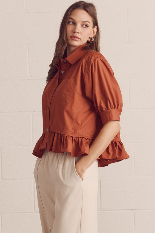 Solid Short Sleeve Button Down Top Featuring Ruffle Hem