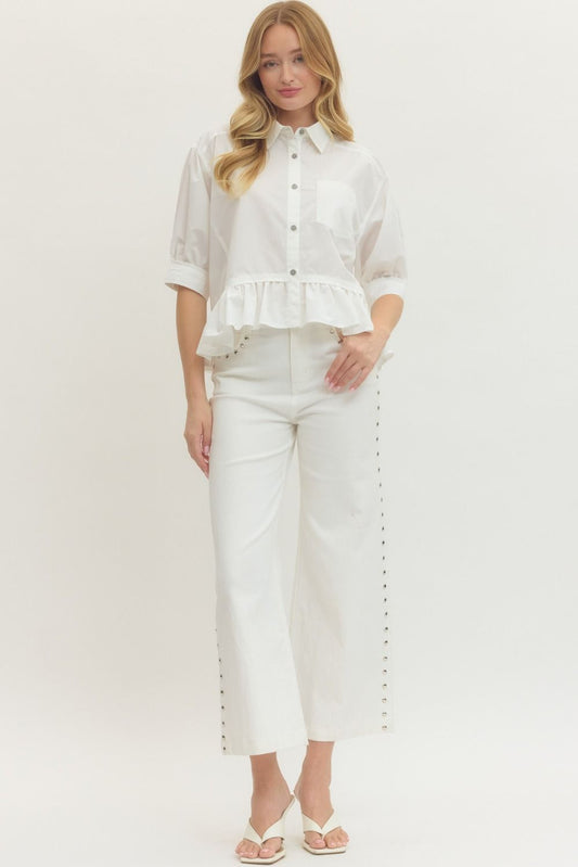 Solid Short Sleeve Button Down Top Featuring Ruffle Hem
