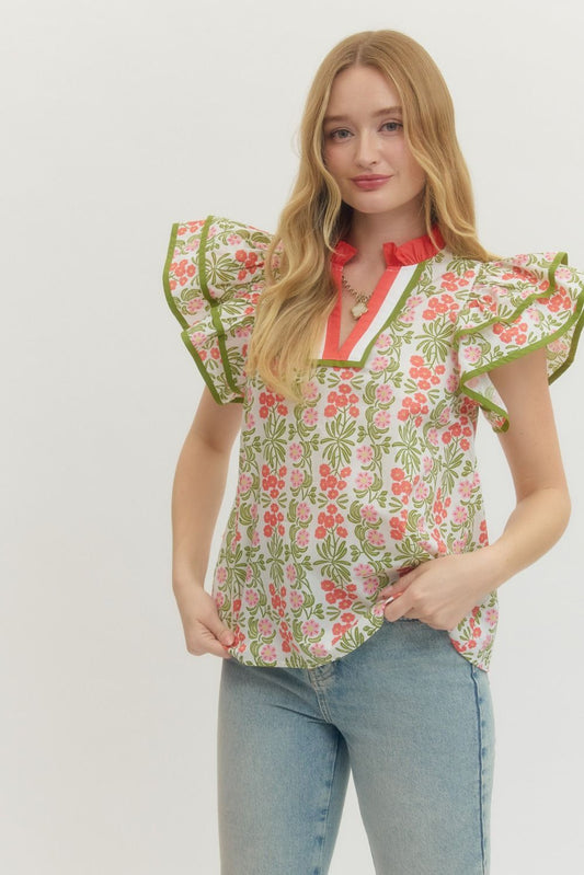 Floral Flutter Sleeve Top Featuring Contrast Trim Neckline