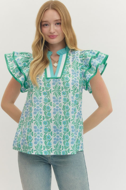 Floral Flutter Sleeve Top Featuring Contrast Trim Neckline