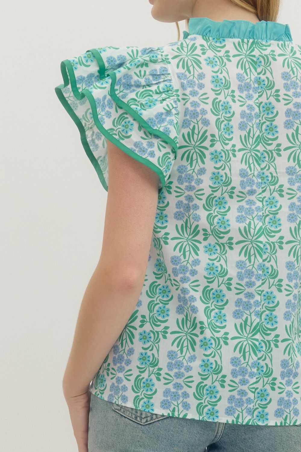 Floral Flutter Sleeve Top Featuring Contrast Trim Neckline