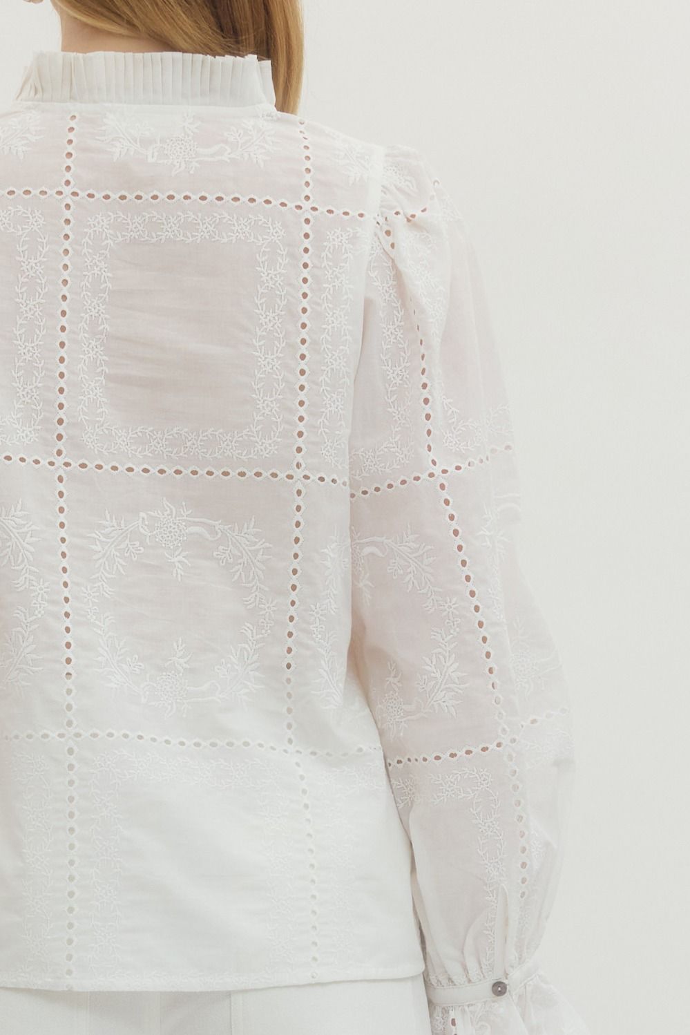 Embroidered Ruffled Mock Neck Long Sleeve Top