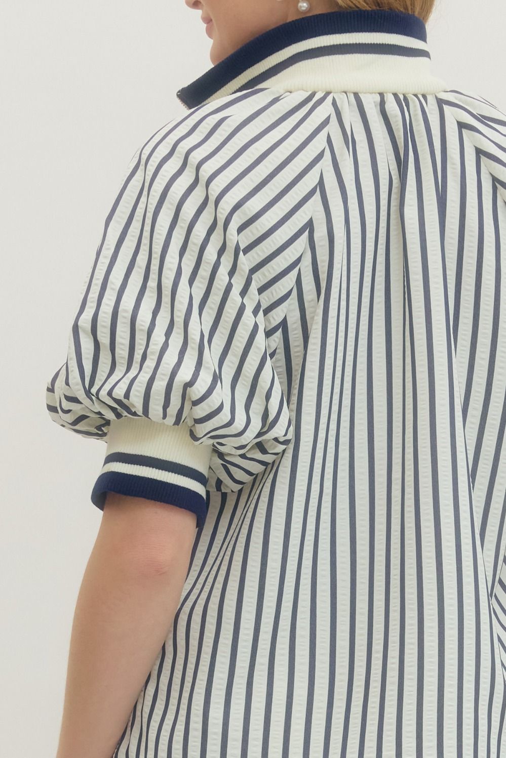 Striped Puff Sleeve Top with Half-Zip Ribbed Collar