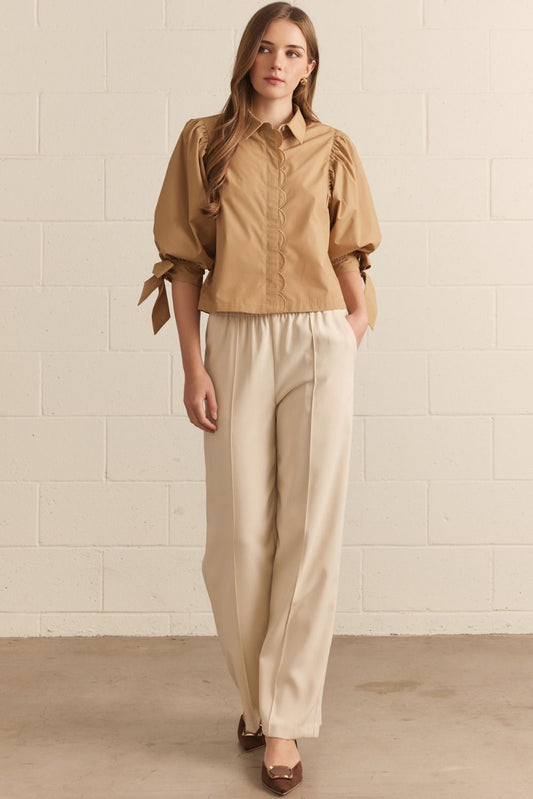 Solid 3/4 Sleeve Top with Scallop Accent
