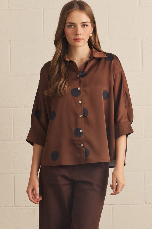 Polka Dot 3/4 Sleeve Button Up Blouse