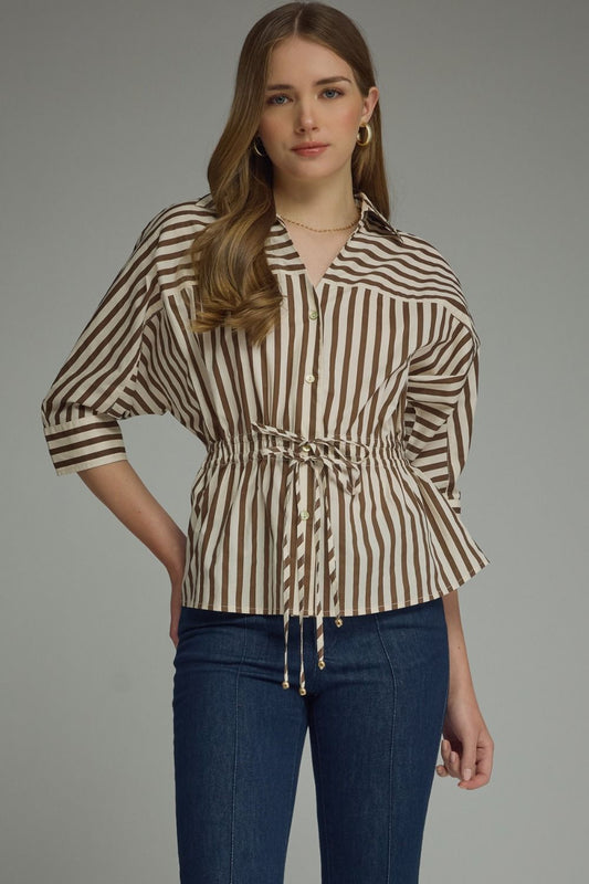 Brown Stripe 3/4 Sleeve Button Down Top