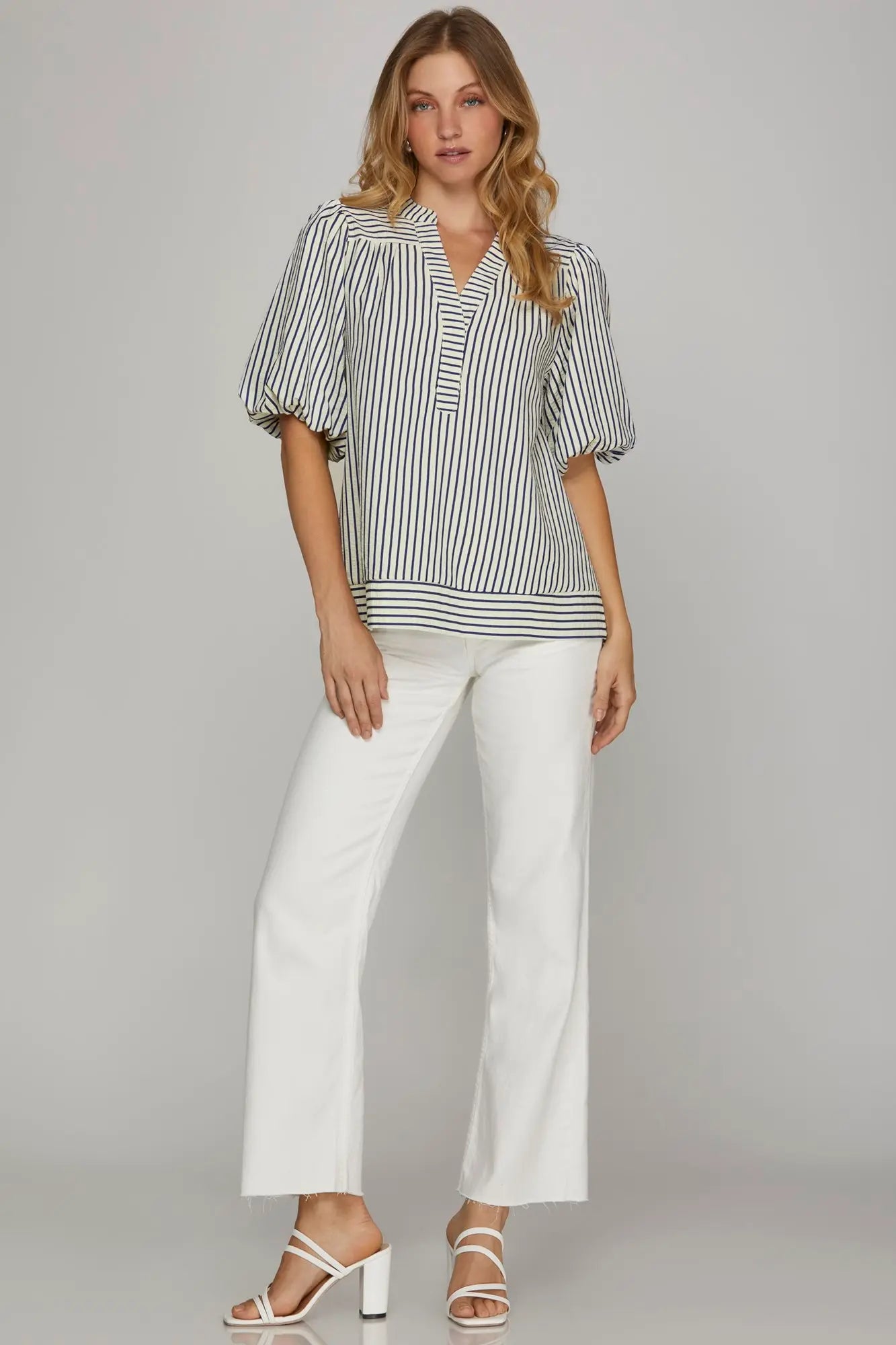 BUBBLE SLEEVE STRIPED WOVEN TOP image 7
