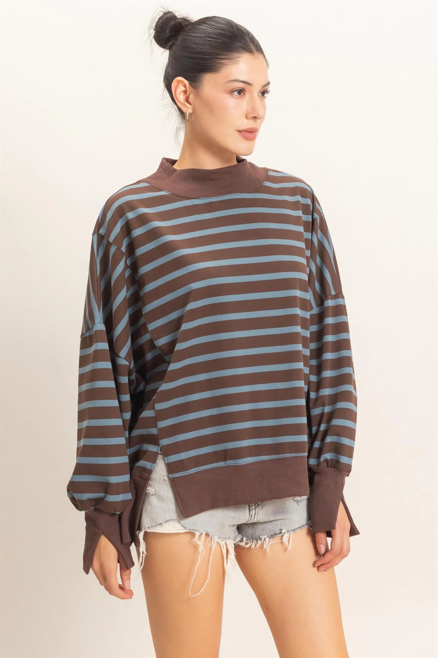 Striped Mock Neck Long Sleeve Sweatshirt