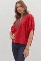 Red Dolman Top Featuring Plaid Band Accent image 3