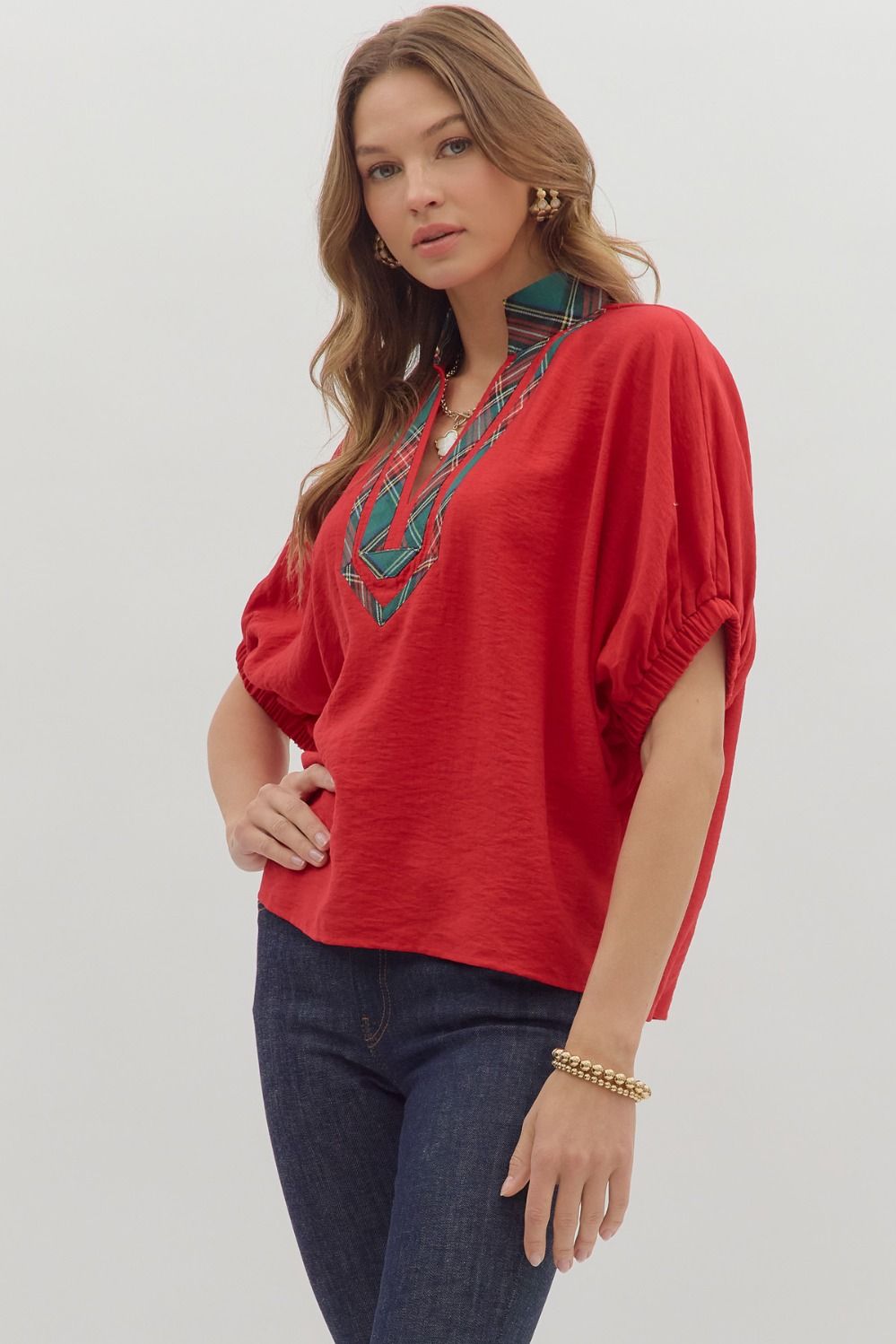 Red Dolman Top Featuring Plaid Band Accent image 3