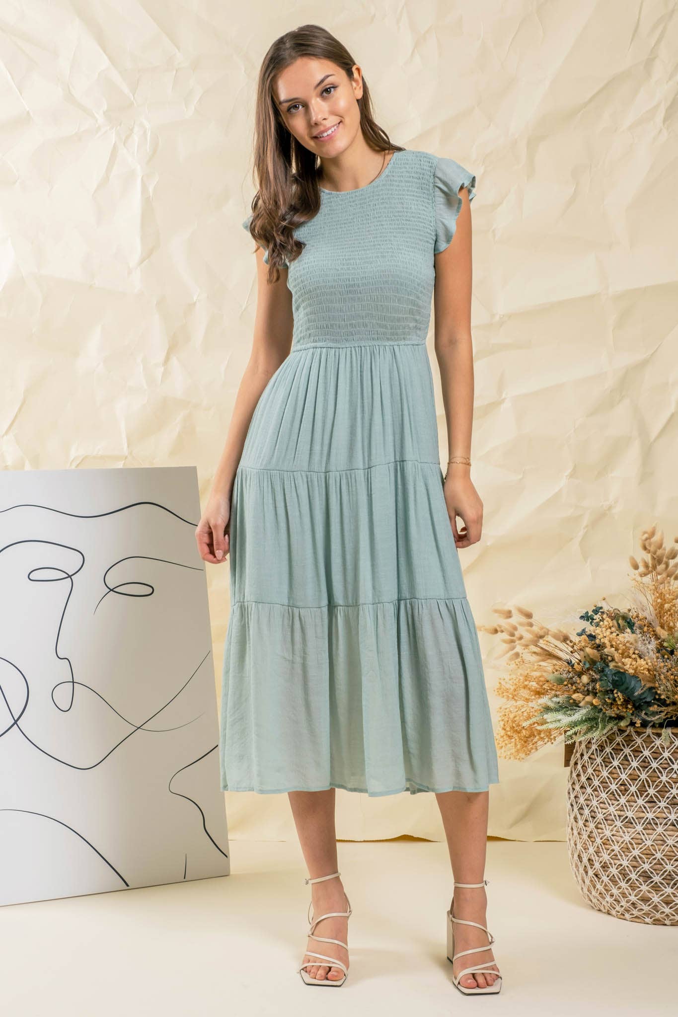 TIERED SMOCKED SHORT SLEEVE MIDI DRESS