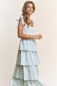 Blue Floral Tiered Midi Dress with Tie Straps