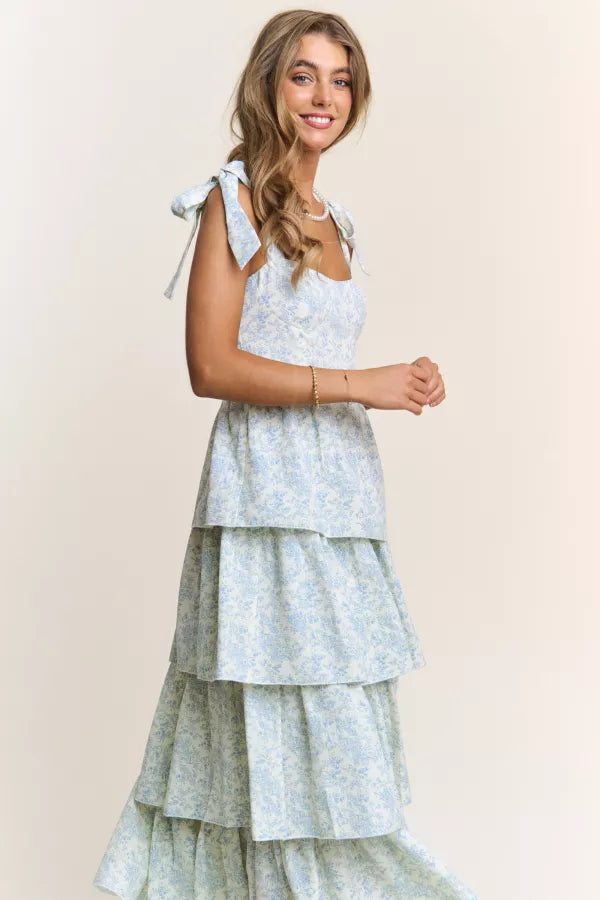 Blue Floral Tiered Midi Dress with Tie Straps