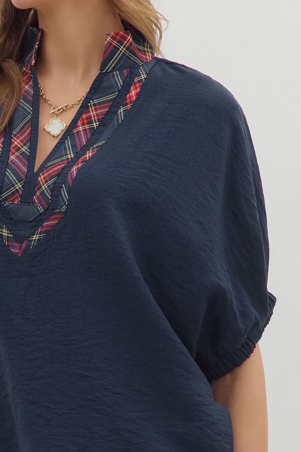 Navy Dolman Top Featuring Plaid Band Accent image 4