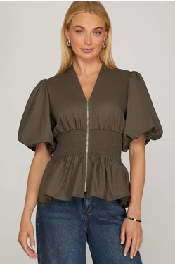 OLIVE PUFF SLEEVE SMOCKING FRONT ZIPPER WOVEN TOP WITH ELASTIC WAISTBAND image 0
