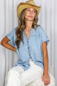 V Neck Collared  Tencel Chambray Shirt