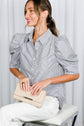 Stripe Print Collared Neck Short Puff Sleeve Blouse