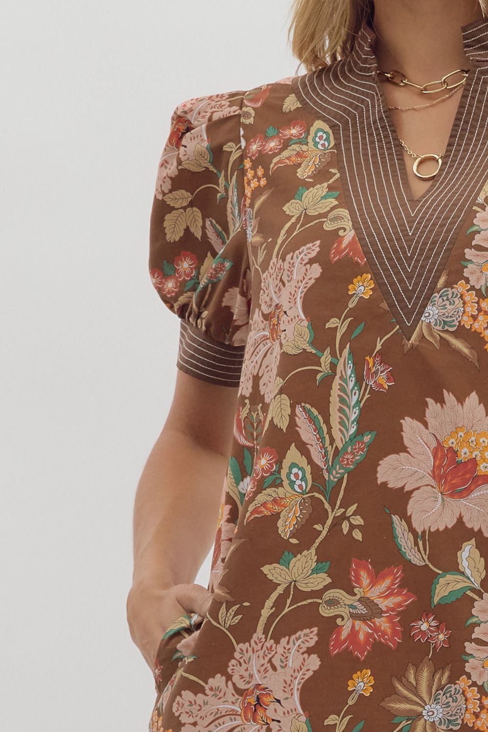 Brown Floral Puff Sleeve Pullover Mini Dress image 2