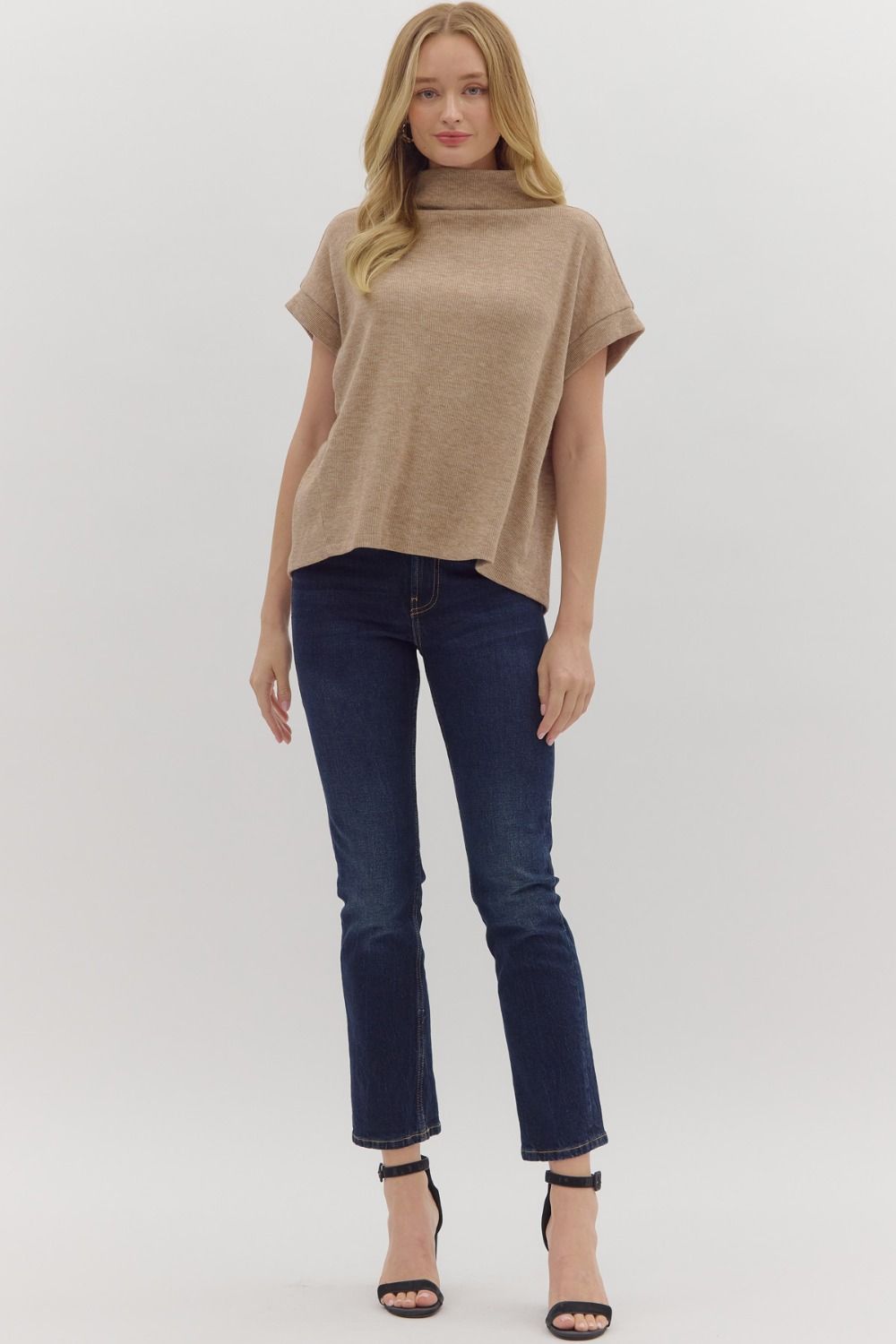 Taupe Solid SS Mock Neck Top Rolled Cuffs image 1