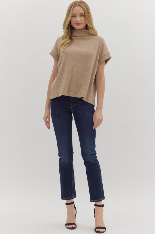 Taupe Solid SS Mock Neck Top Rolled Cuffs image 1