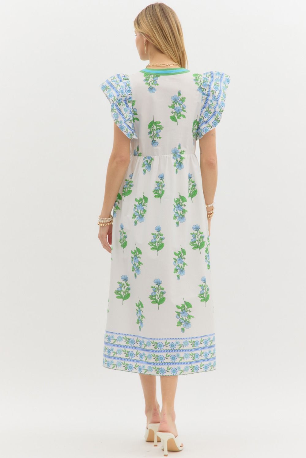 White with Blue & Green Neck Midi Dress image 2