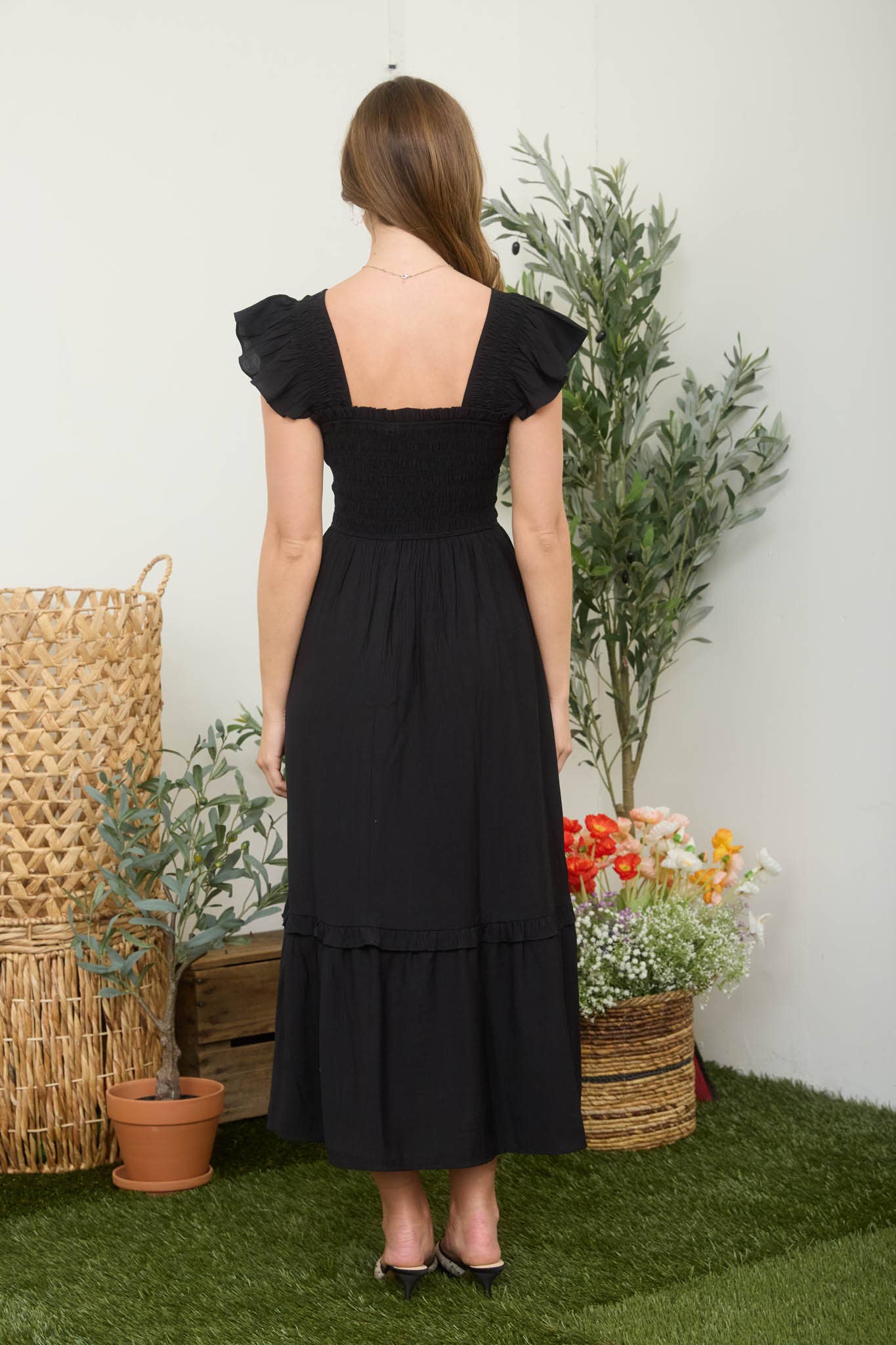 MOCK BUTTON DOWN SMOCKED RUFFLE DETAIL MIDI DRESS