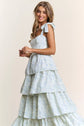Blue Floral Tiered Midi Dress with Tie Straps