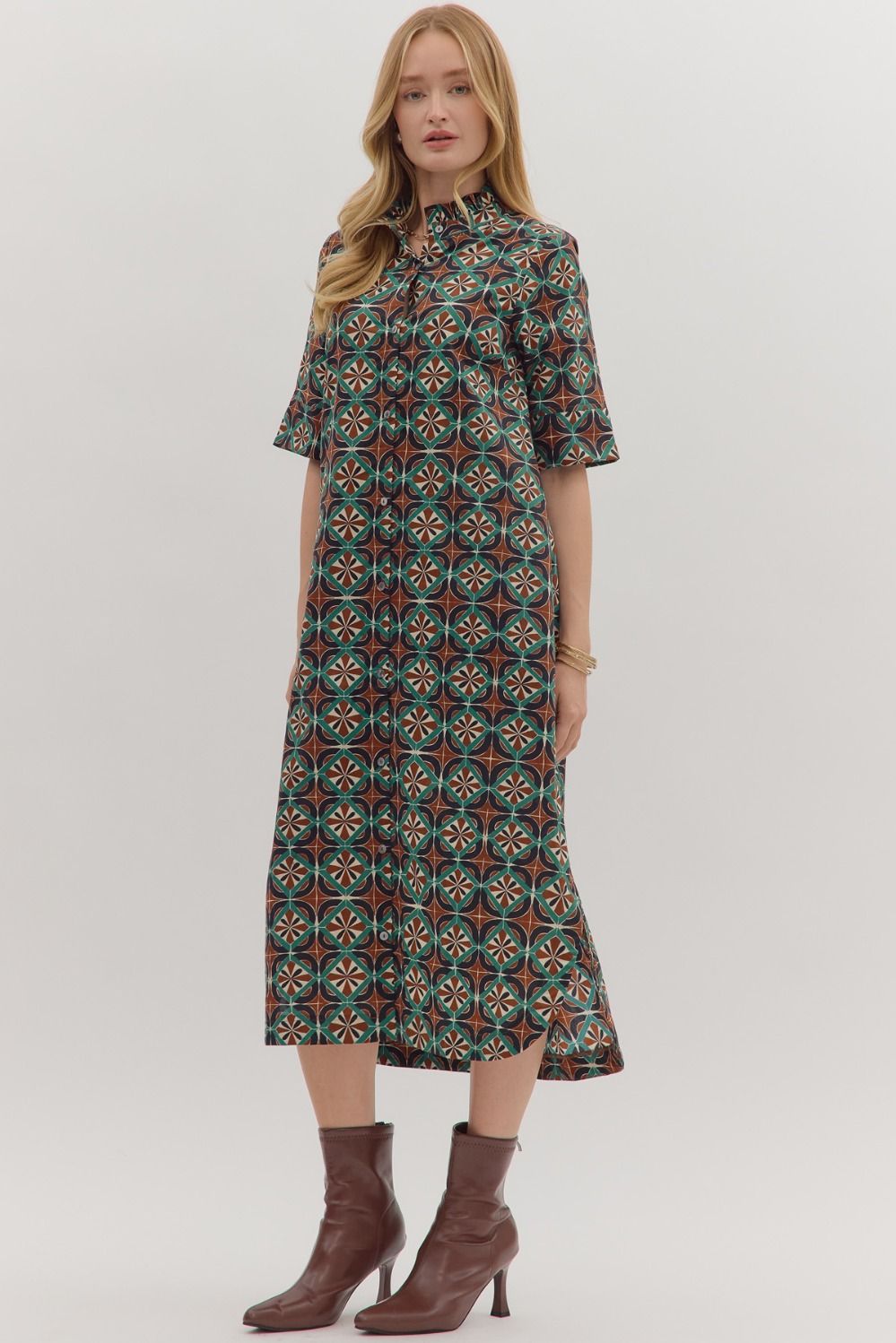 Brown/Teal Geometric Print SS Midi image 1
