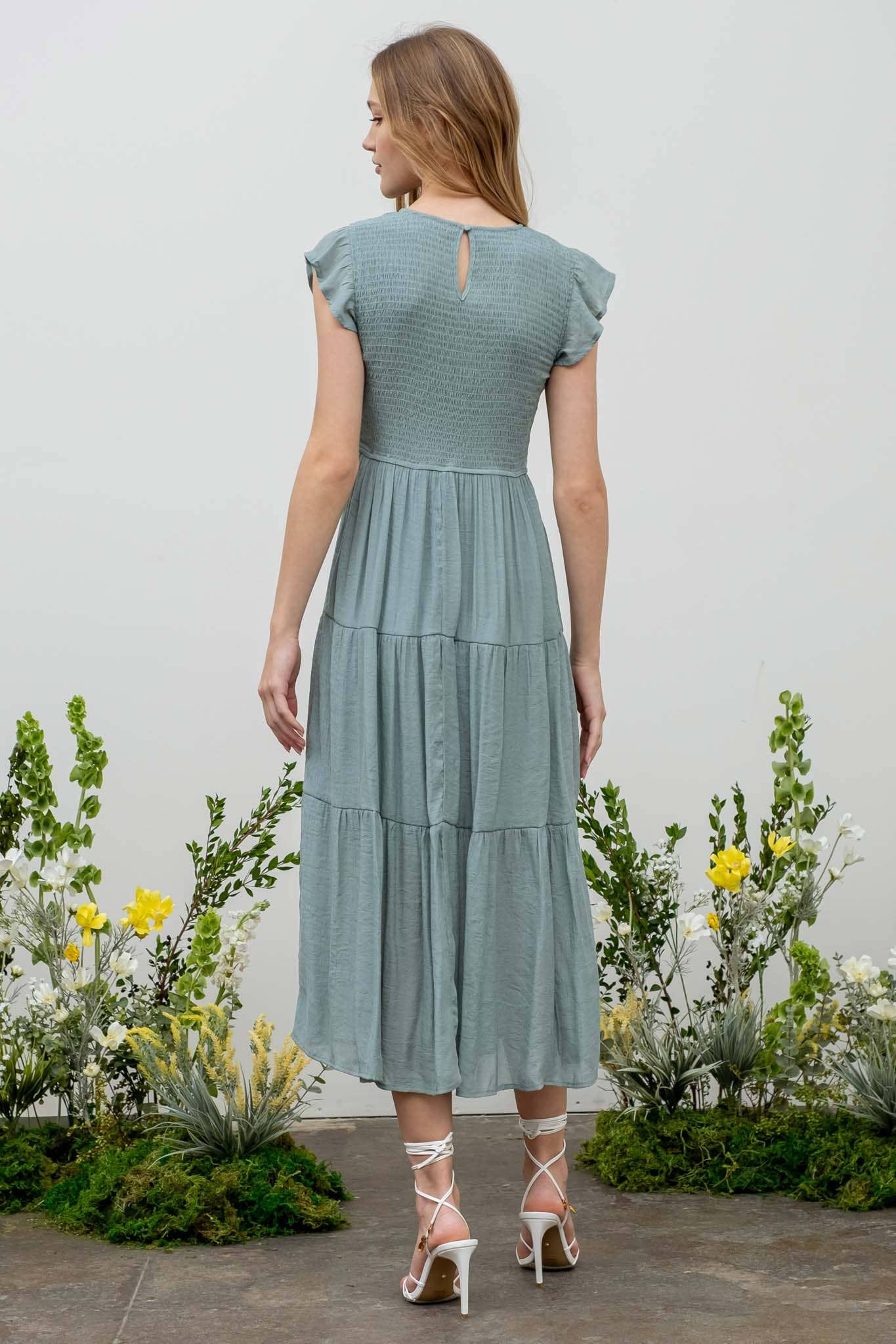 TIERED SMOCKED SHORT SLEEVE MIDI DRESS