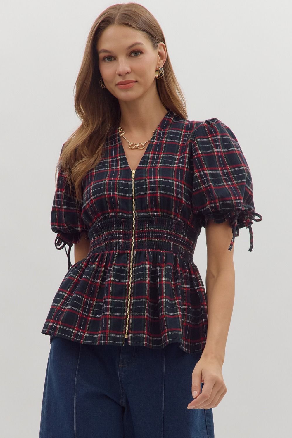 Navy Plaid Zip Front Top image 1