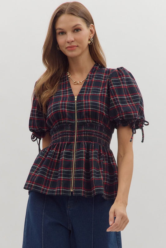 Navy Plaid Zip Front Top image 1